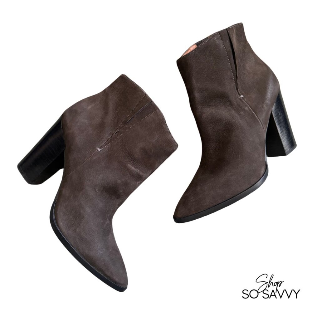 HALOGEN Ankle Booties Pointed Toe Leather Block Heels Brown Boots Womens Size 8